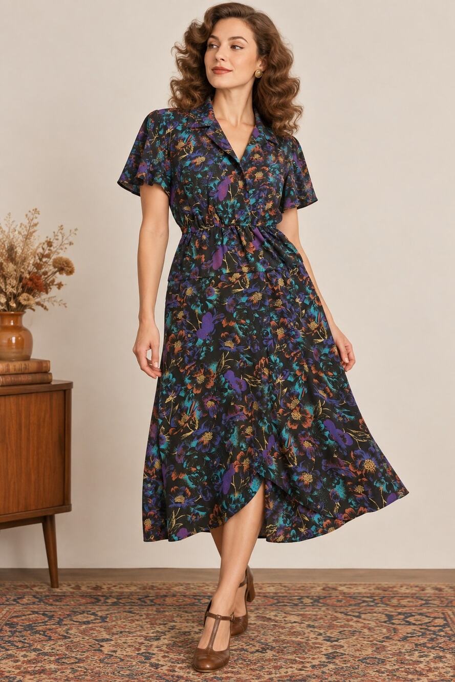 Potpourri II Vintage 80s Floral Midi Dress 7/8 Black Purple Teal Short Sleeve US